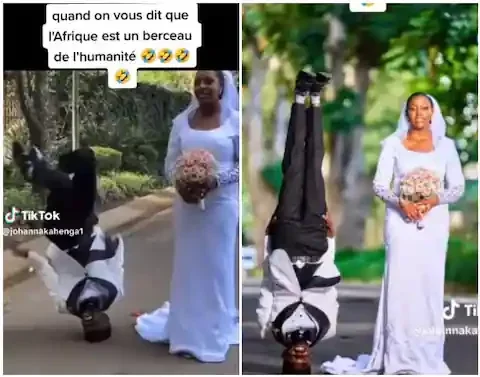 'He's a little boy' - Bride uncomfortable as groom stands on his head for wedding photoshoot