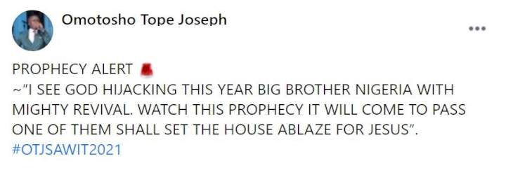 'A housemate will set the house ablaze for Jesus' - Pastor declares prophecy for this year's BBNaija