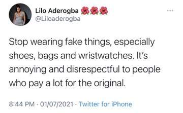 Lilo Aderogba sparks reactions for saying 'wearing of fake things is disrespectful to those who pay a lot for the original'