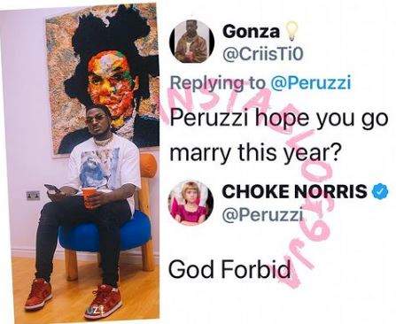 'God forbid that I get married in 2021' - Singer Peruzzi replies fan
