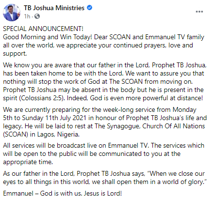 TB Joshua's church announces his burial arrangement, says he will be buried in Synagogue premises