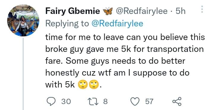 'Some guys need to do better' - Lady disappointed after Uber driver she went on date with gave her N5K as transport fare