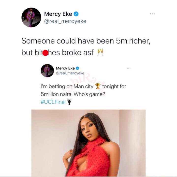 'Broke babes' - Mercy Eke blasts female Chelsea fans over refusal to bet on with her for N5M