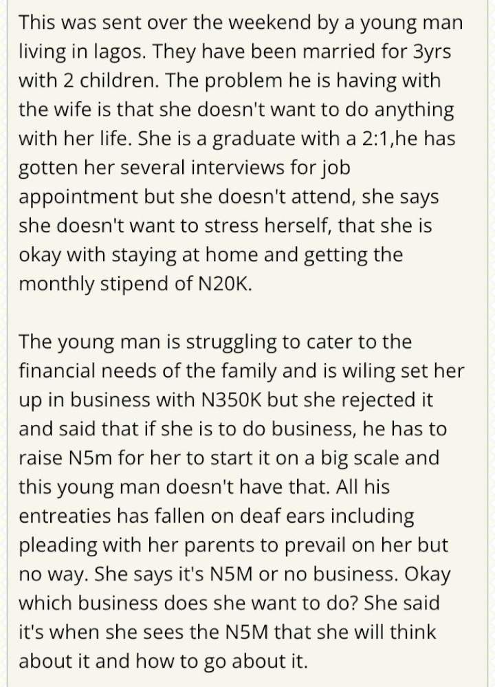 Man laments over wife's refusal to get a job, insists on being contented with N20K allowance from husband