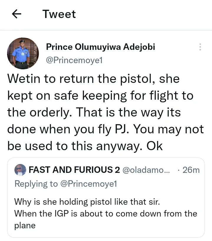 Reactions as Nigerian Police FPRO replies man who questioned why an air hostess was holding a gun.