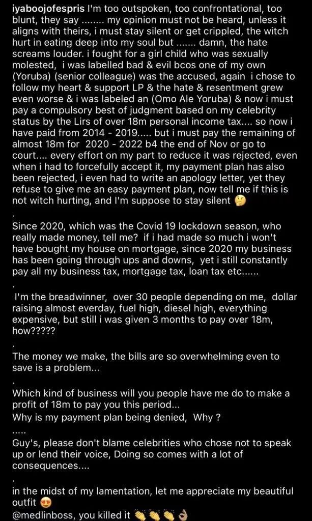 Iyabo Ojo cries out as she is forced to pay 18 million Naira as tax debt by Government 