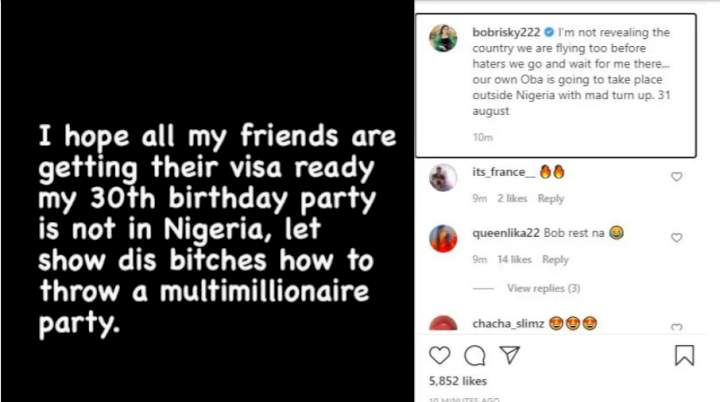 Bobrisky vows to have a 'Cubana' birthday party in a foreign country