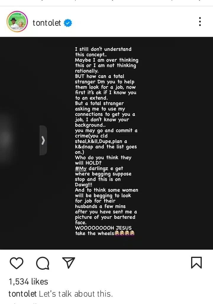 'Why?' - Tonto Dikeh rants as stranger asks her to use her connection to get him a job