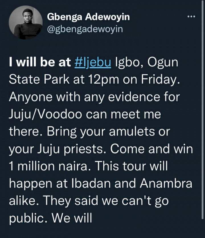Man set out with N2.5M prize money for anyone with proof that 'juju' is real (Video)