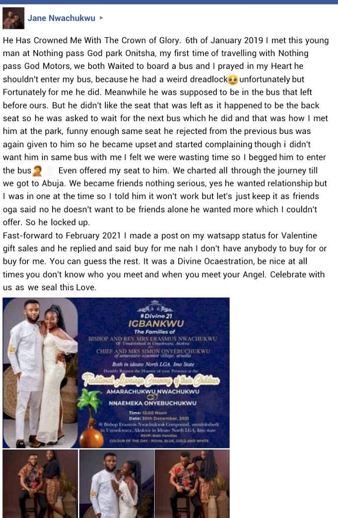 'Be nice at all times ' - Lady advises as she set to wed man she met at a motor park