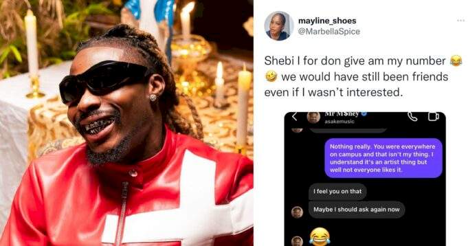 Nigerian lady expresses regret years after she turned down singer Asake's advances; shares chat with him (screenshot)