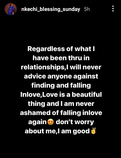 'Regardless of what I have been through in relationships I will never advice anyone against falling in love' - Nkechi Blessing Sunday
