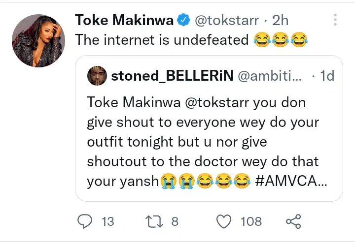 Toke Makinwa reacts as Twitter user calls her out for not giving 'shout out to doctor that did her yansh'