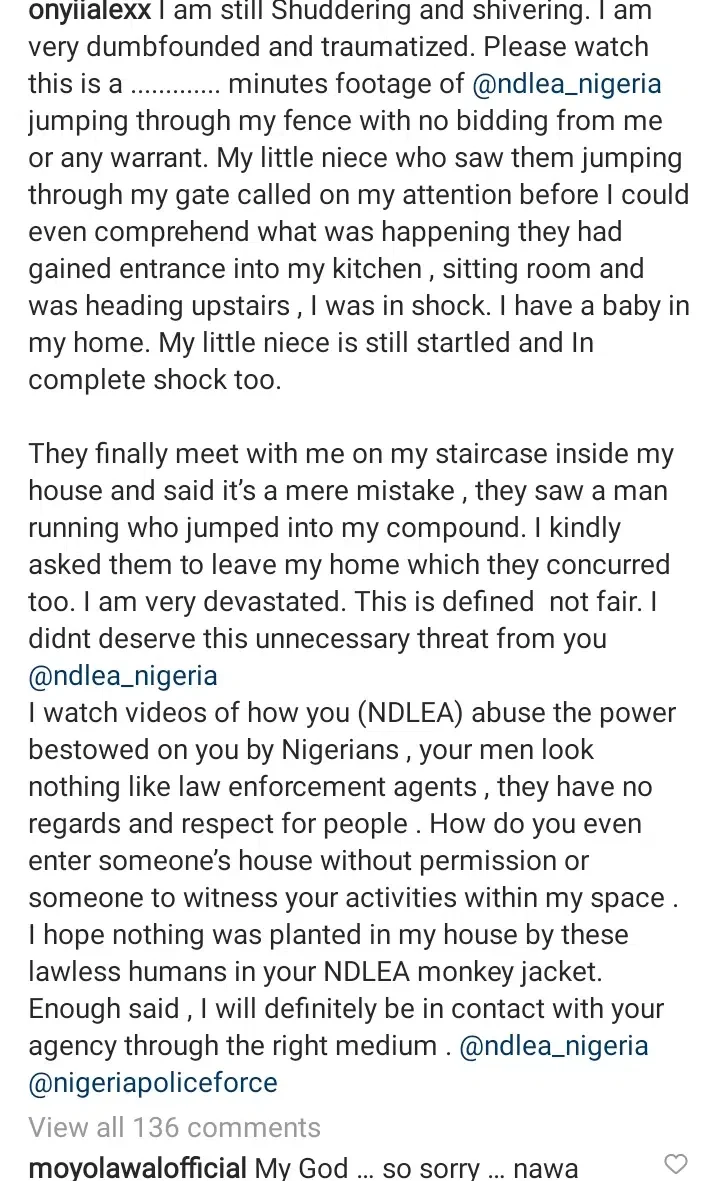 Onyi Alex calls out NDLEA officers for invading her home without an arrest warrant (Video)