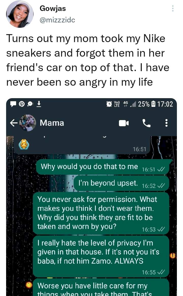 Lady goes berserk, lambasts mum after she took her Nike Sneakers without her permission