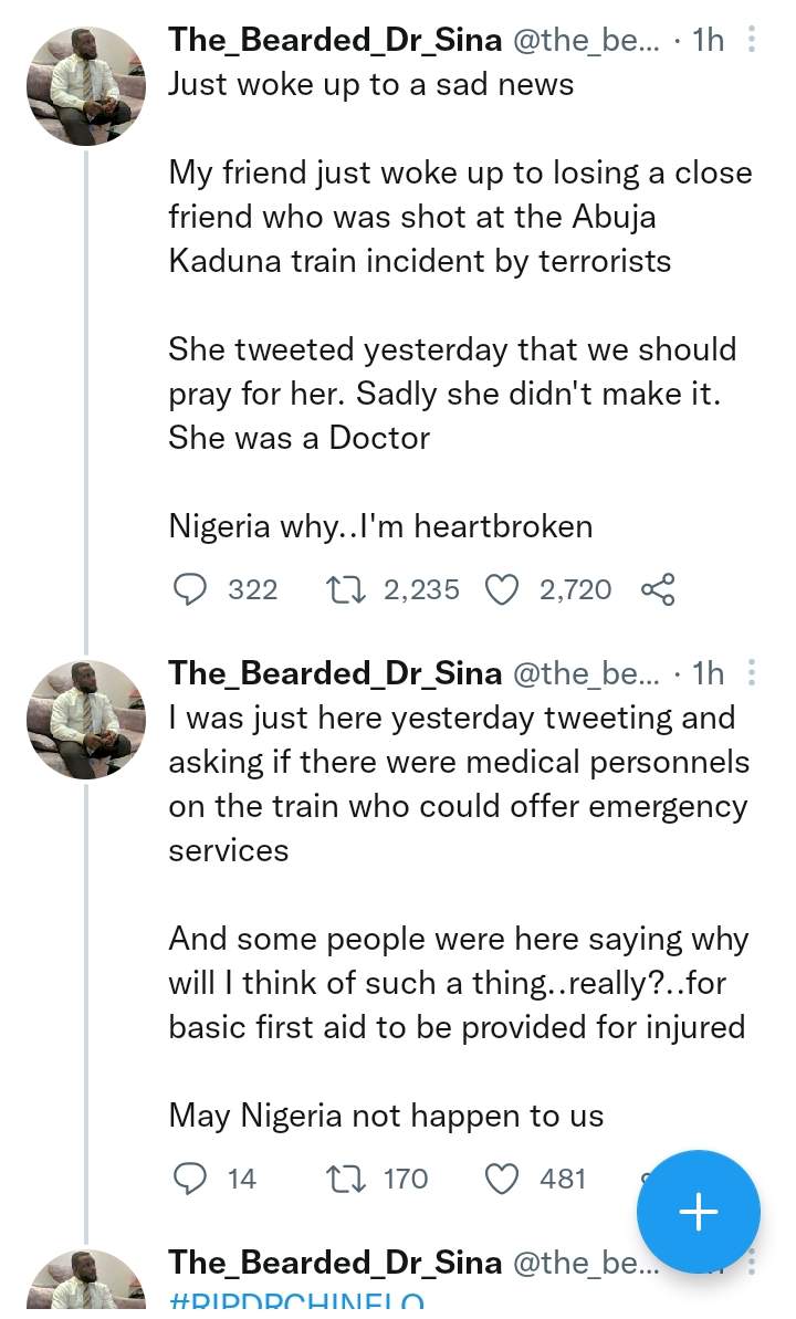 Tears flow as female doctor is killed in terror attack on Abuja-Kaduna train; her last tweet read 'I'm in the train. I have been shot please pray for me'