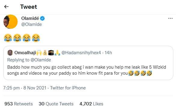 Olamide reacts after being offered 'bribe' by fan to leak five of Wizkid's unreleased songs