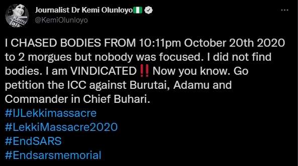 'The souls of anyone that died at #LekkiMassacre2020 will never haunt me' - Kemi Olunloyo says, insists she found no dead body