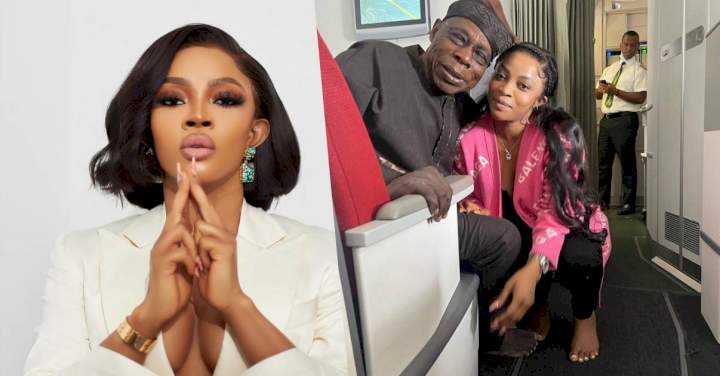 Toke Makinwa grilled over selfie with ex-president, Obasanjo, barefooted on private jet