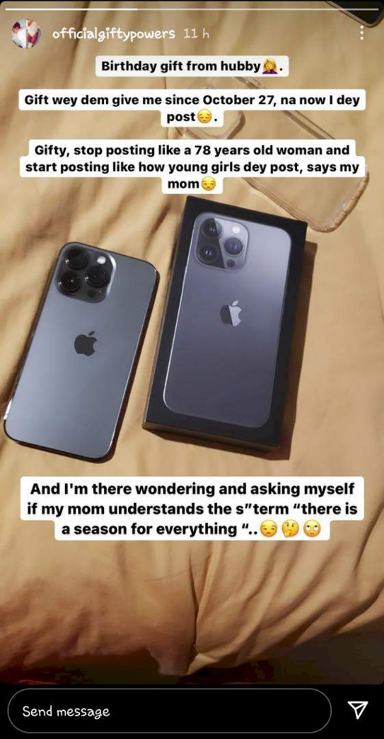Gifty Powers flaunts iPhone 13 she received as birthday gift from hubby