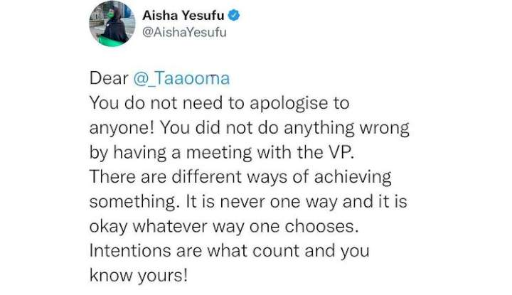 'Stop apologizing, you did nothing wrong meeting with VP Osinbajo' - Aisha Yesufu backs Taaooma